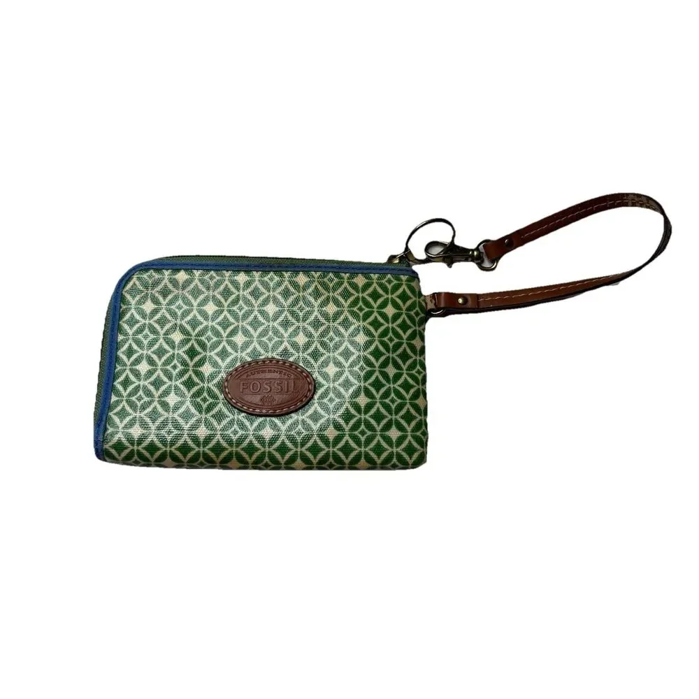 Fossil Wristlet Wallet PVC Coated Canvas Zip Around Green Blue Diamond print
